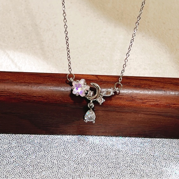 ✨ moon & pink star with dangle stone necklace - Picture 7 of 13